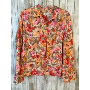 Coldwater Creek Pink Orange Floral Print Jacket Yellow Check Lining Size 14‎ NWT